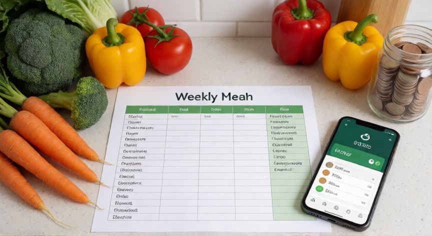 como ahorrar mas, Planificación de menú semanal y lista de la compra en una cocina moderna