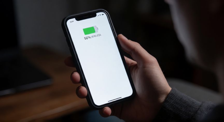 como ahorrar mas bateria en iphone, Persona sosteniendo un iPhone con la batería al 50 por ciento