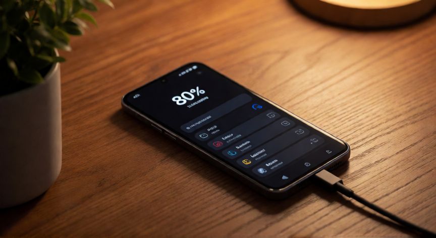 como ahorrar mas bateria en samsung, Smartphone Samsung en modo oscuro sobre un escritorio de madera