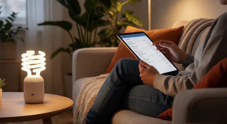 como ahorrar mas dinero, Persona revisando facturas en un salón moderno con iluminación eficiente y decoración minimalista