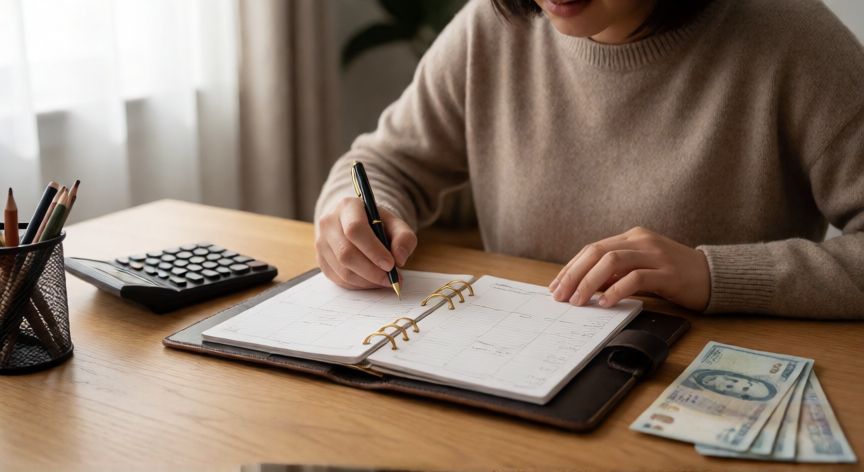 como ahorrar mas dinero al mes, Persona haciendo presupuesto mensual con calculadora y billetes en escritorio