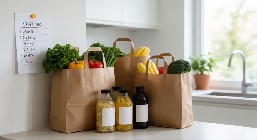 como ahorrar mas dinero al mes, Bolsas de la compra con productos genéricos y lista de la compra en cocina moderna