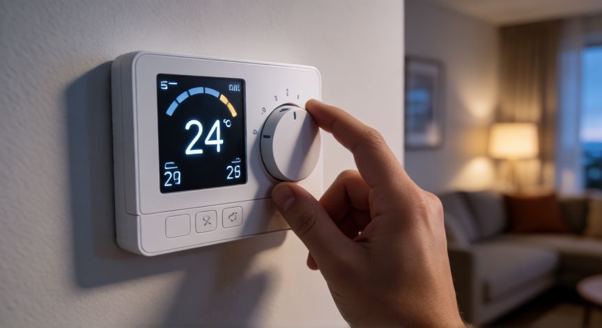 Termostato de aire acondicionado ajustado a 24 grados para máximo ahorro