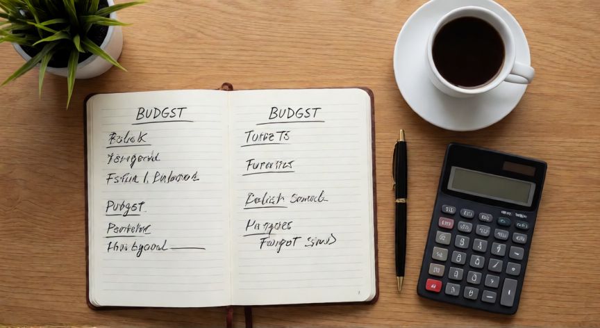 como ahorrar mes a mes, Cuaderno de presupuesto y calculadora sobre escritorio para planificación financiera