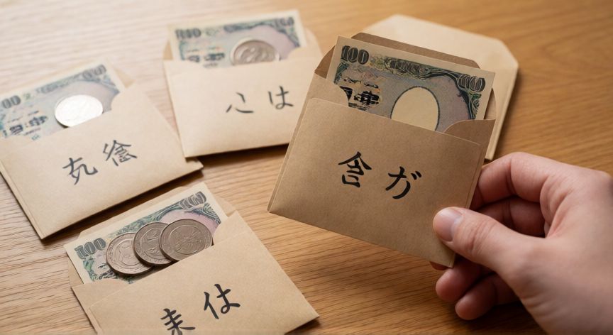como ahorrar metodo japones, Sobres de efectivo etiquetados con categorías de gasto sobre una mesa de madera