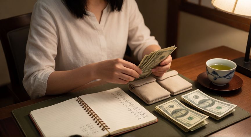 como ahorrar metodo japones, Persona organizando efectivo en bolsitas y haciendo un presupuesto en una libreta