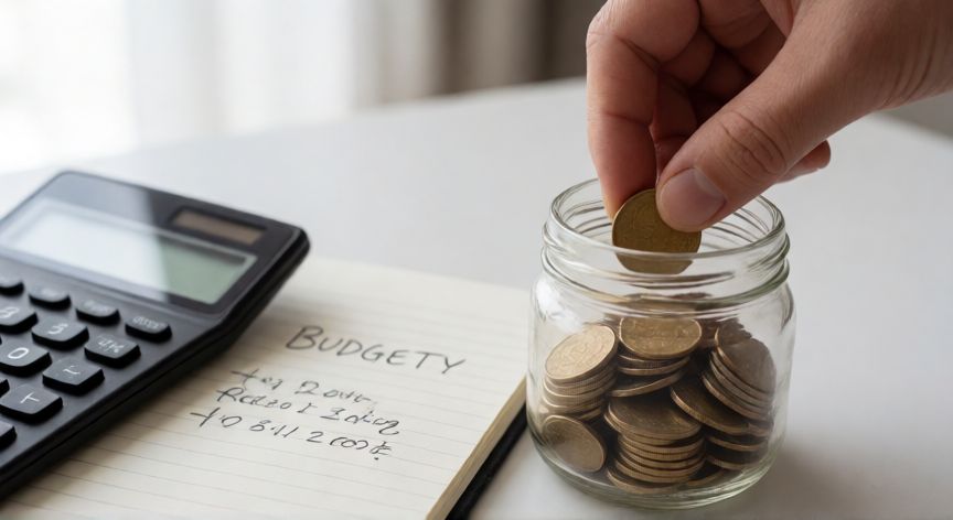 como ahorrar mucho dinero en poco tiempo, Mano ahorrando monedas en un frasco junto a una calculadora y un presupuesto