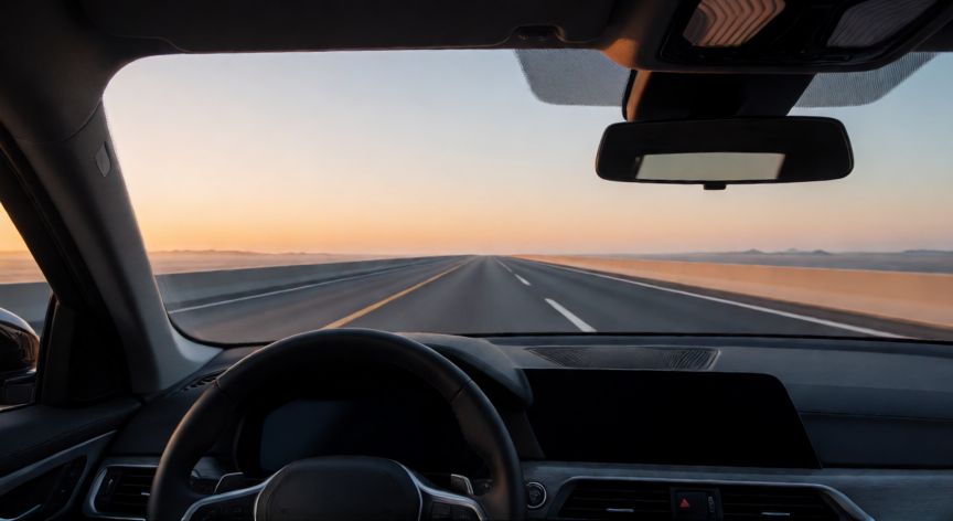 Vista desde el volante de un auto en autopista al atardecer mostrando conducción eficiente