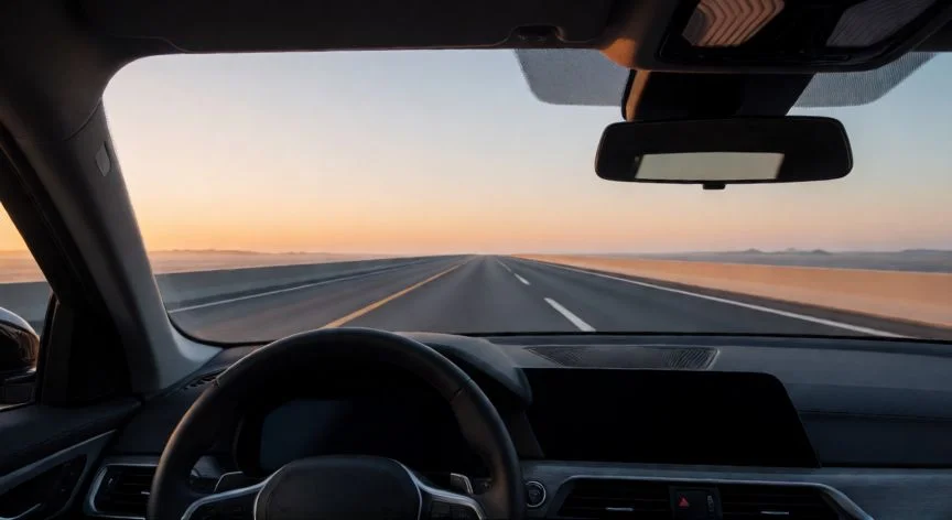 Vista desde el volante de un auto en autopista al atardecer mostrando conducción eficiente