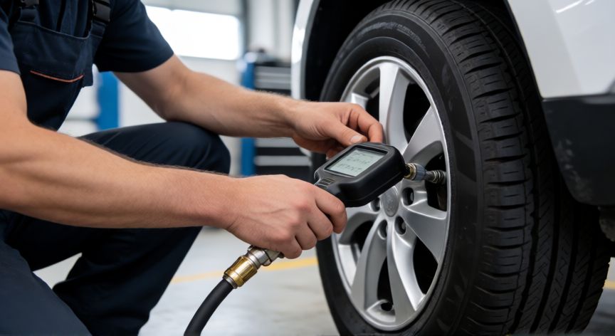 como ahorrar nafta en auto, Mecánico revisando la presión de las llantas con un medidor digital en un taller