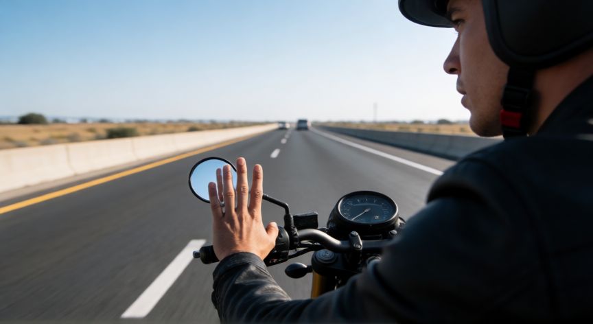 como ahorrar nafta en la moto, Conductor de moto en carretera manteniendo velocidad constante