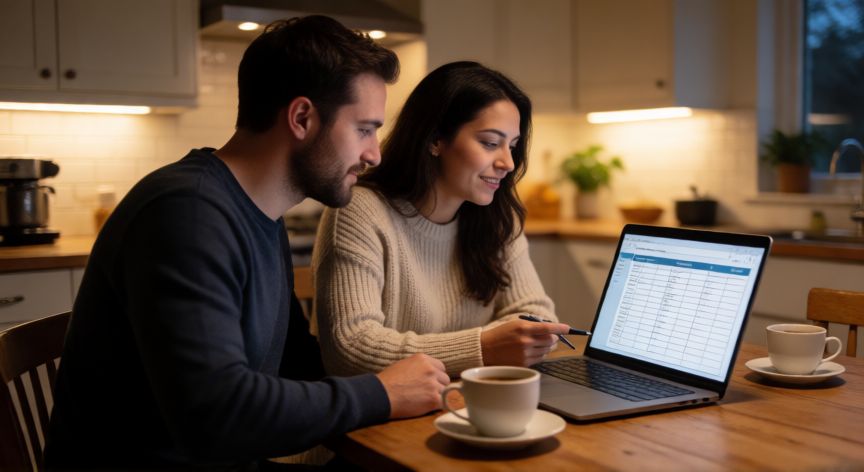 como ahorrar niños, Pareja revisando presupuesto familiar en la cocina