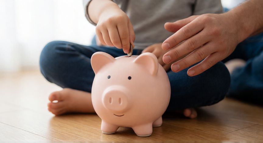 como ahorrar niños, Niño aprendiendo a ahorrar con un hucha de cerdo