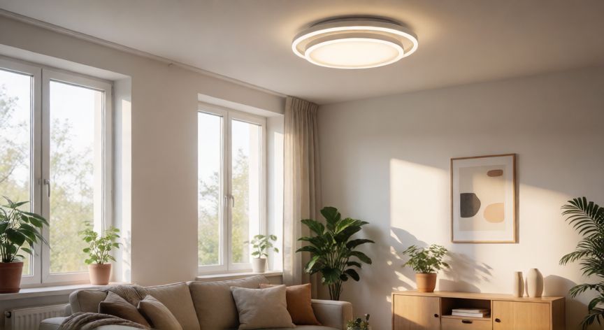como ahorrar o cuidar la energia electrica, Salón moderno con iluminación natural y bombillas LED eficientes