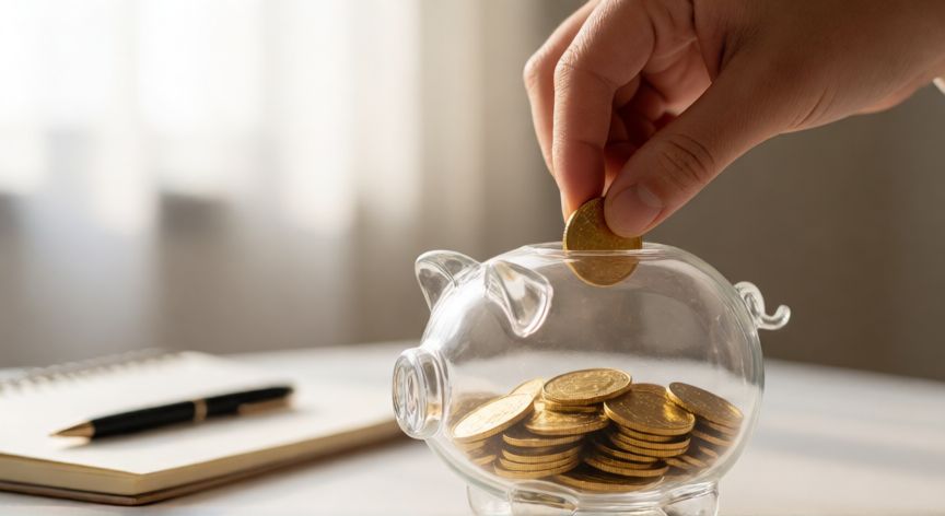 como ahorrar o invertir, Mano guardando monedas de oro en un hucha de cristal transparente sobre una mesa de oficina