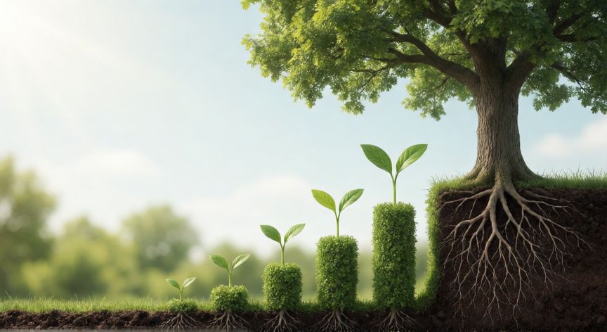 como ahorrar o invertir, Representación visual de una planta creciendo desde una semilla hasta un árbol grande con raíces que parecen un gráfico ascendente