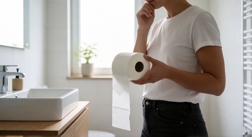 como ahorrar papel higienico, Persona en el baño reflexionando sobre el uso consciente del papel higiénico