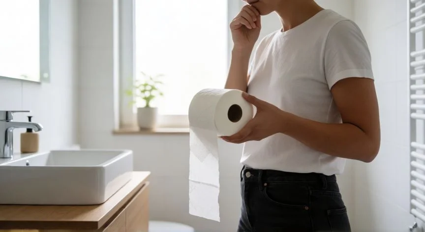Persona en el baño reflexionando sobre el uso consciente del papel higiénico