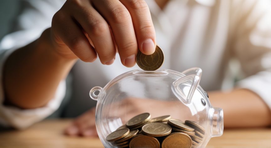 Mano guardando monedas en un hucha transparente como símbolo de ahorro
