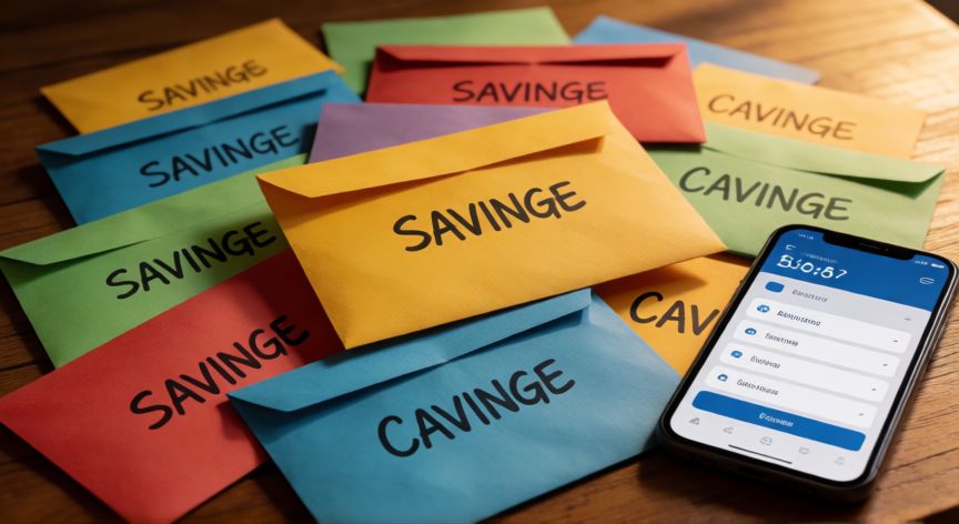 como ahorrar para comprar un piso, Sobre de ahorro con etiquetas de categorías financieras y un teléfono móvil mostrando una aplicación bancaria