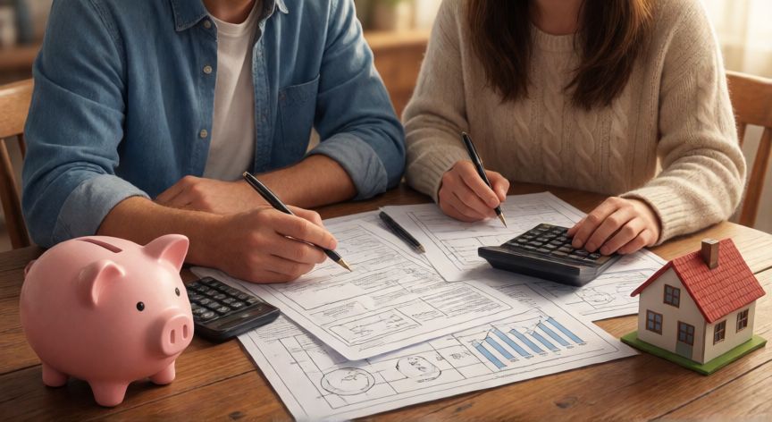 como ahorrar para hacer una casa, Pareja planificando su presupuesto y ahorro para construir una casa