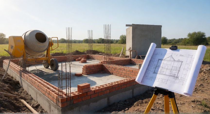 como ahorrar para hacer una casa, Obra en curso de una casa con planos de construcción y materiales