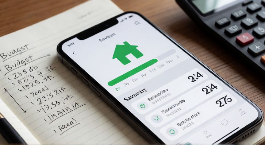 Aplicación de ahorro en el móvil y cuaderno de presupuesto para ahorrar para un piso