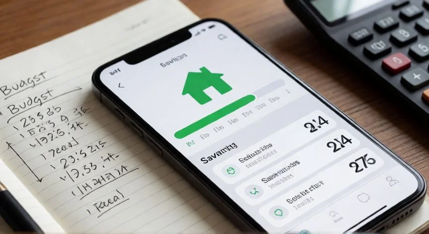 como ahorrar para la entrada de un piso, Escritorio con hucha en forma de casa, billetes de euros, claves y hoja de ahorro para la entrada de un piso