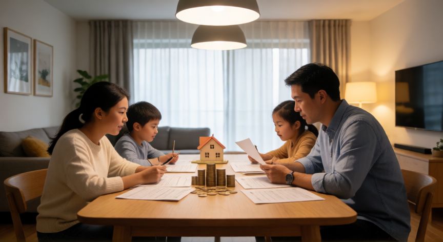 Familia planificando sus finanzas en una sala de estar moderna