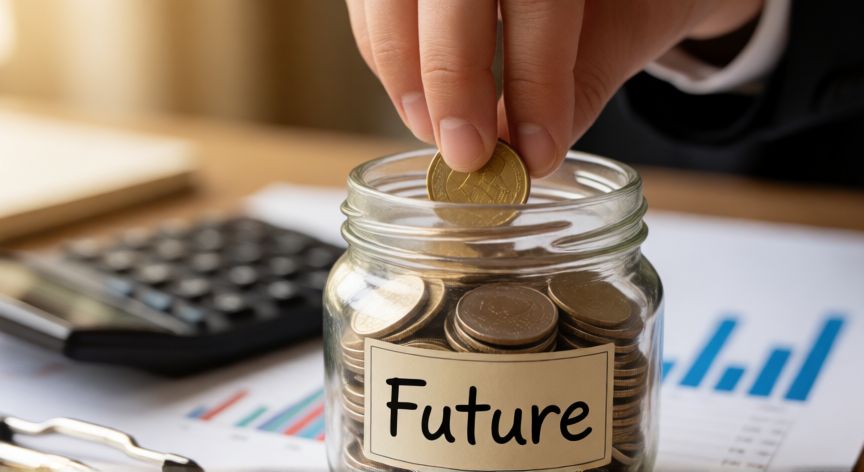 Ahorro para la jubilación con monedas y gráficos financieros