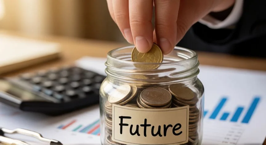 Ahorro para la jubilación con monedas y gráficos financieros