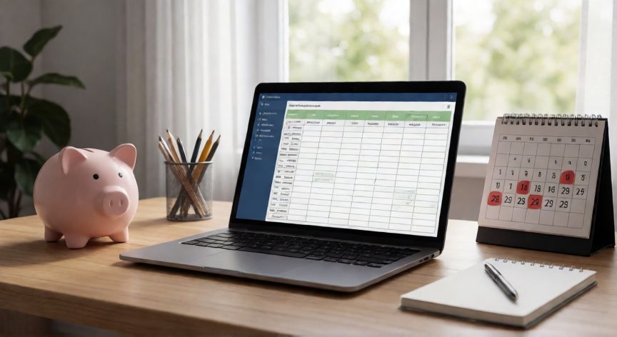 Mesa de trabajo con laptop mostrando un presupuesto y un calendario para planificar vacaciones