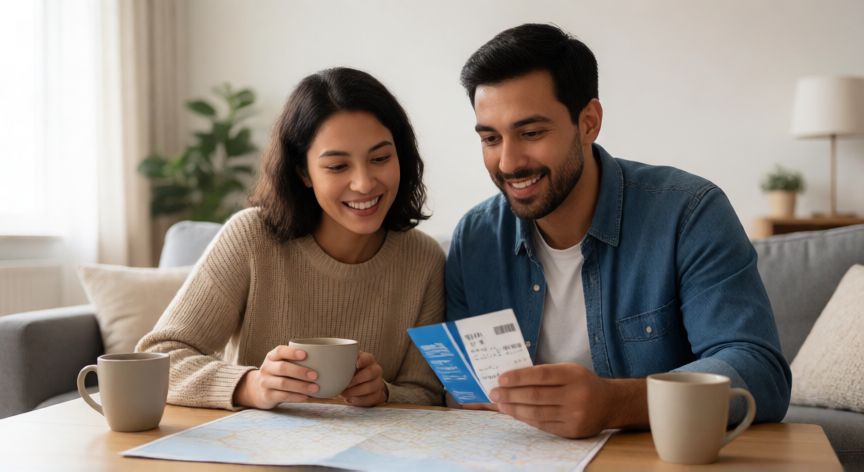 como ahorrar para las vacaciones, Pareja planeando un viaje en casa mirando mapas y billetes de avión
