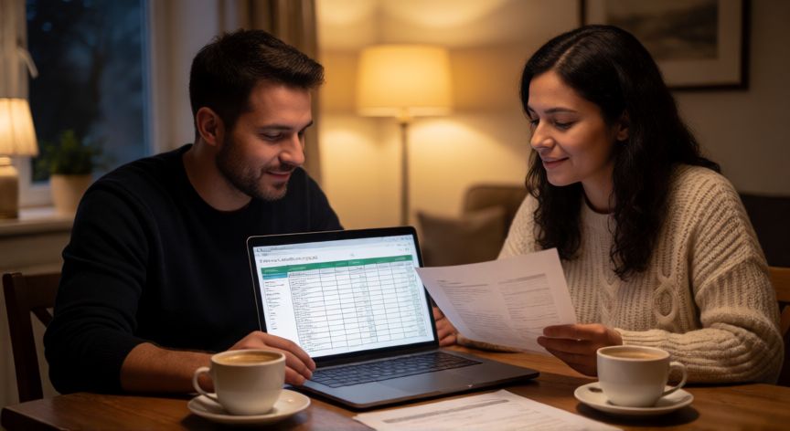 Pareja revisando su presupuesto de boda en una laptop
