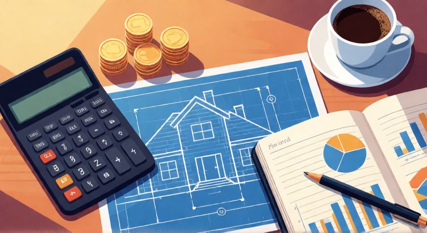 Mesa de planificación financiera con calculadora y planos de casa
