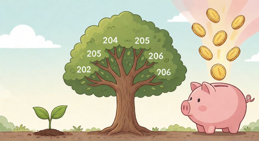 como ahorrar para una casa, Infografía del crecimiento por interés compuesto con árbol y monedas