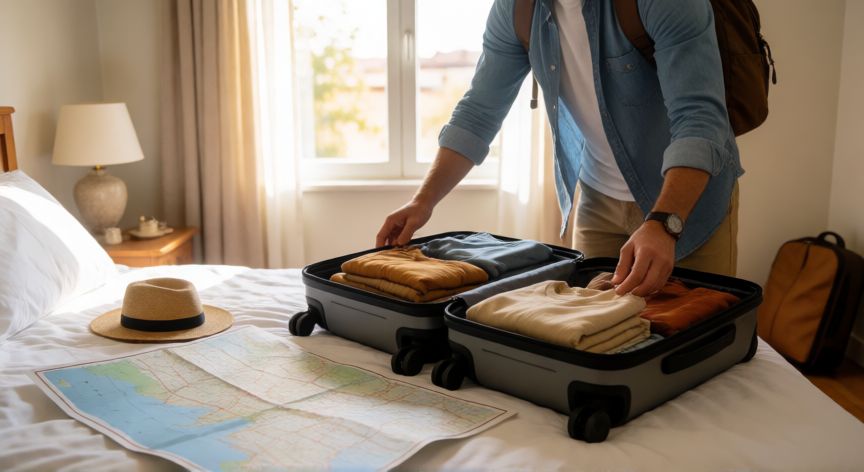como ahorrar para viajar, Viajero preparando su maleta con entusiasmo antes del viaje