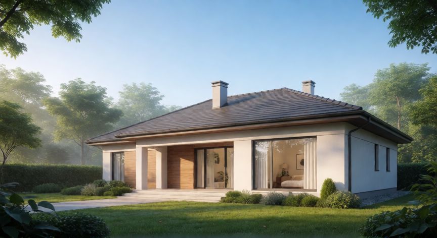 como ahorrar para vivienda, Fachada de una vivienda moderna rodeada de naturaleza