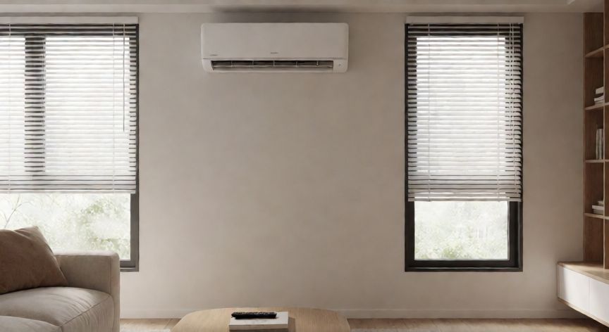 Sala de estar con aire acondicionado y cortinas cerradas