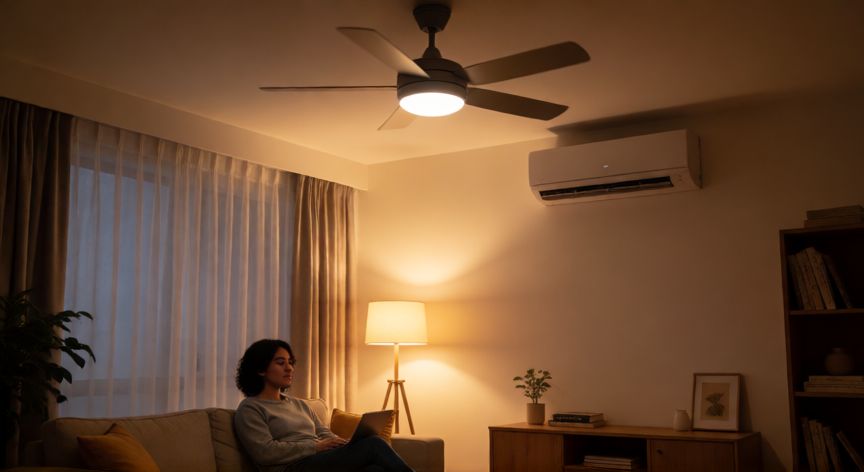 como ahorrar poniendo el aire acondicionado, Ventilador de techo funcionando junto al aire acondicionado en una sala