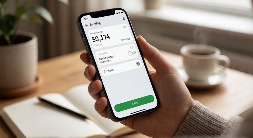 Persona usando aplicación de banco en el móvil para ahorrar dinero