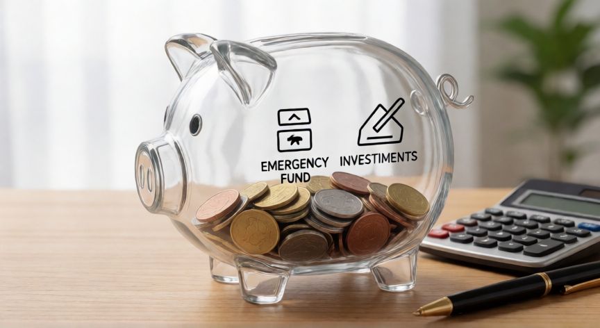como ahorrar quincenalmente, Cerdito de cristal con monedas separadas por categorías de ahorro
