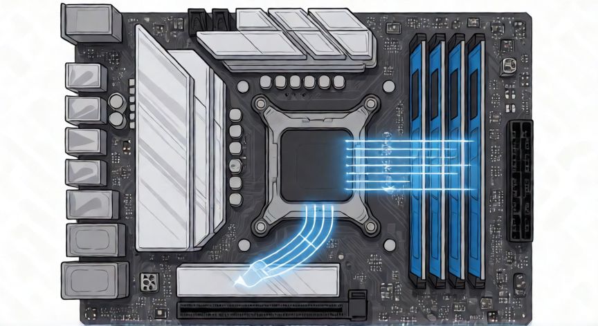 como ahorrar ram, Diagrama técnico de una placa base resaltando las barras de memoria RAM