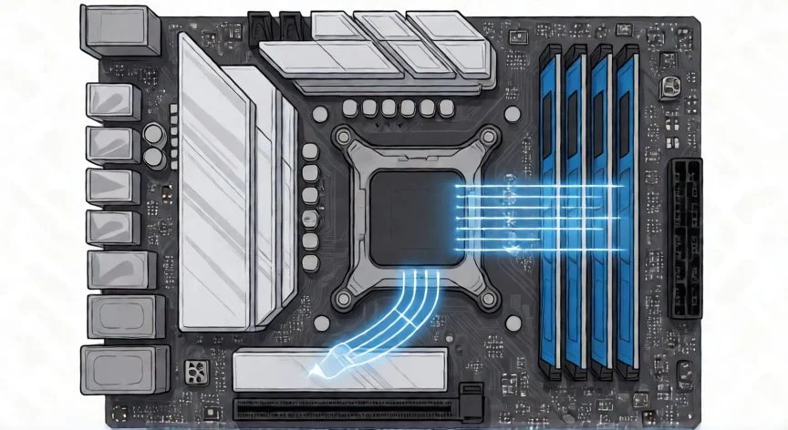 como ahorrar ram, Módulo de memoria RAM siendo instalado en una placa base de un PC de sobremesa