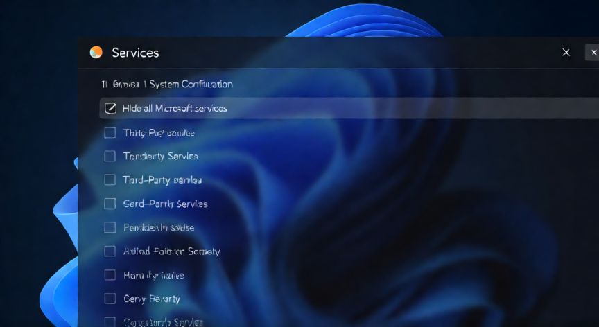 como ahorrar ram en windows 11, Ventana de Configuración del Sistema en Windows mostrando la pestaña de Servicios con servicios de Microsoft ocultos