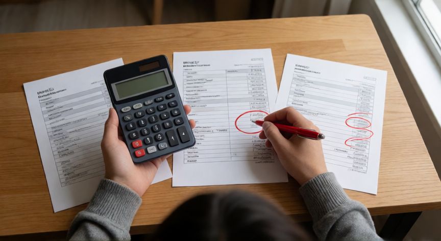 Persona revisando sus cuentas bancarias y calculadora para detectar gastos innecesarios