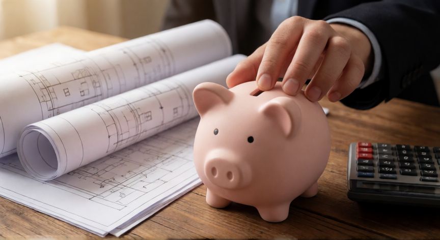 Plano de una casa y cerdito de ahorros sobre una mesa de madera