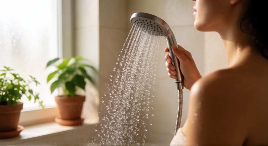 Persona duchándose con un sistema de bajo consumo de agua en un baño ecológico