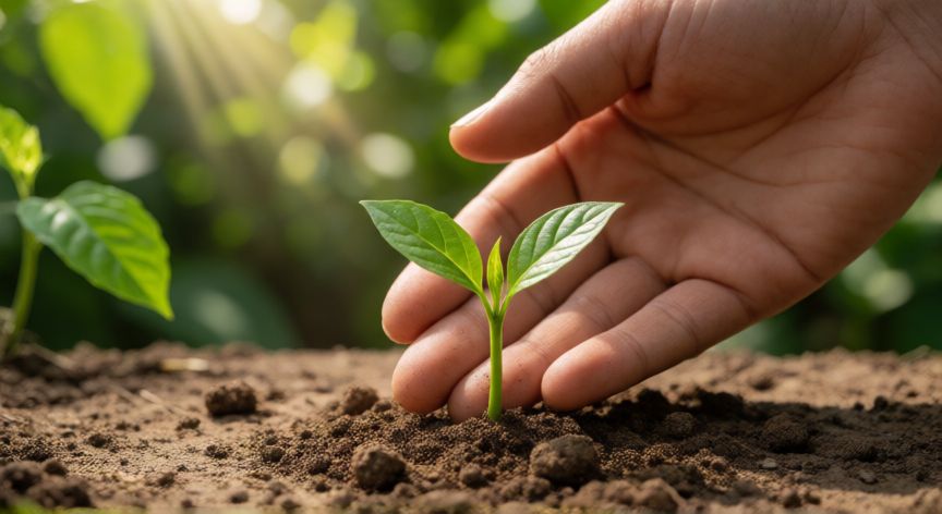 como ahorrar recursos naturales, Manos sosteniendo una pequeña planta verde creciendo en la tierra bajo el sol