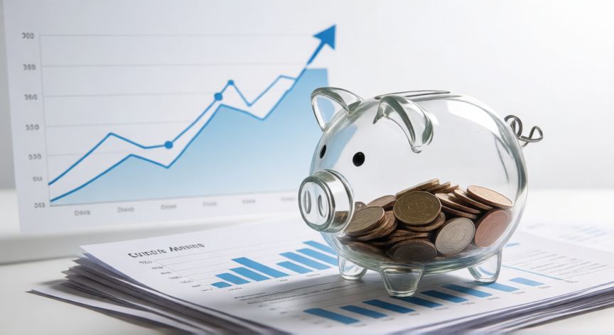 como ahorrar regla 50 30 20, Cerdito ahorrador de cristal con monedas y gráficos financieros